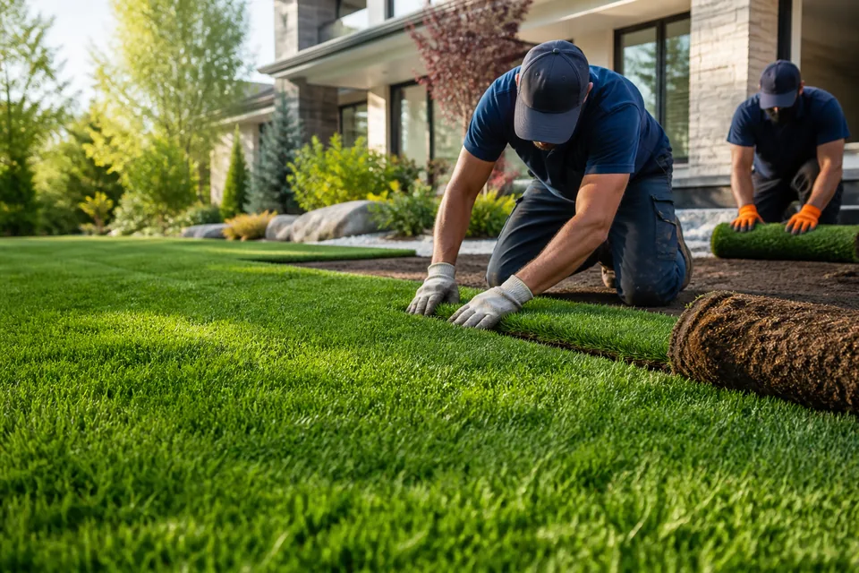 Professional installers fitting fresh green sod into a residential lawn
